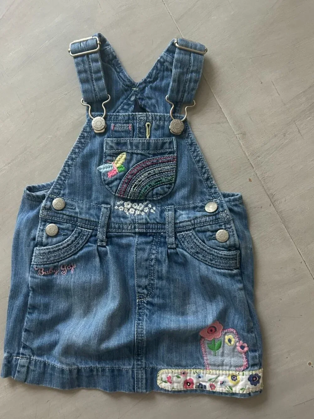 Vintage Y2K BabyGap Denim Overall Jumper Dress Size 6-12 Months Embroidered